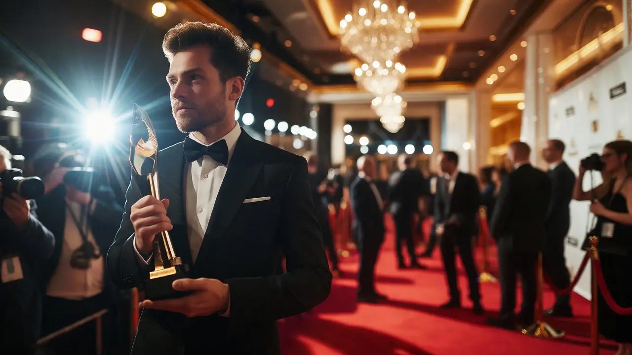 Artist holding an award trophy amidst bright camera flashes at an event