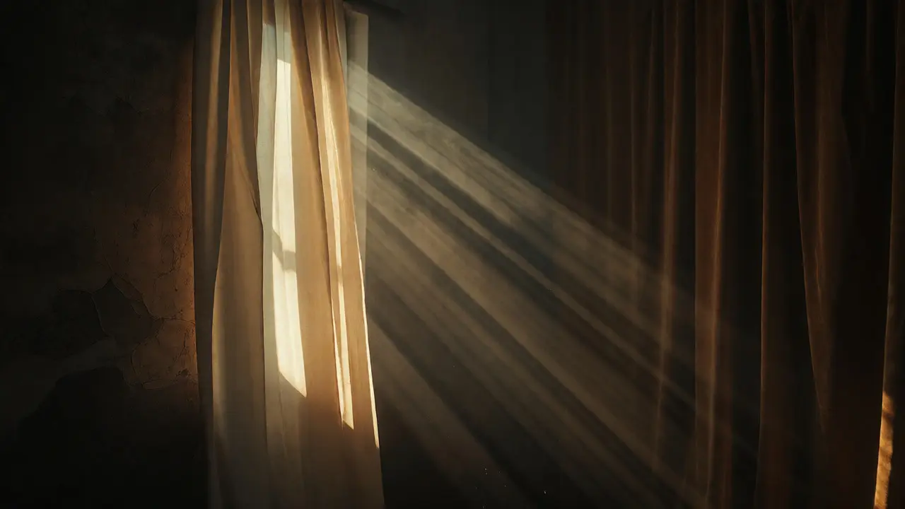 Artist in a hazy room with dramatic light beams and textured fabrics