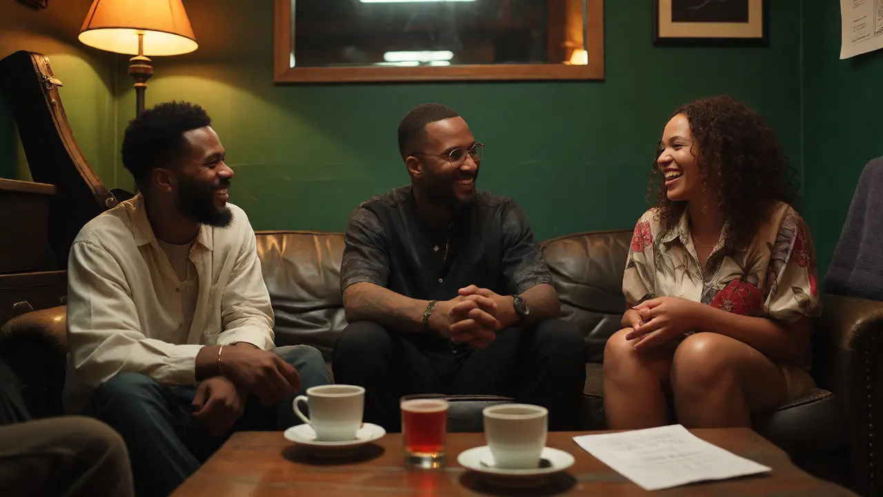 Casual backstage conversation between Alli Starr, Ro James, and Marsha Ambrosius