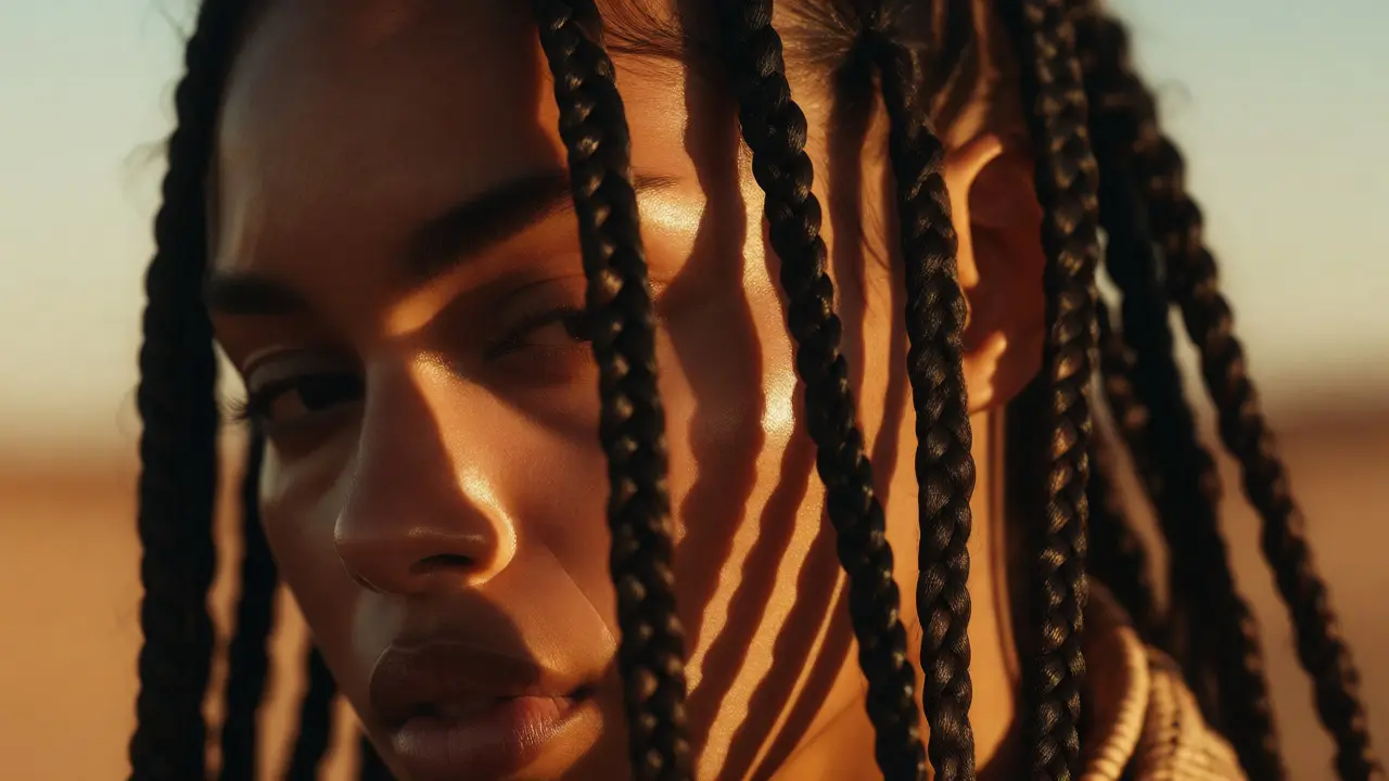 Close-up of artist's face and braids bathed in warm, dusty desert light.