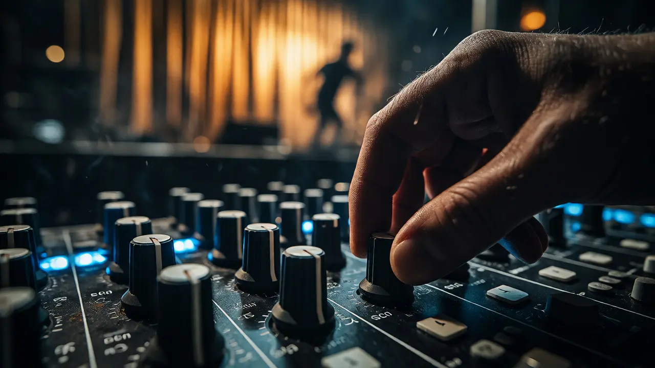 Close-up of hands adjusting audio mixer knobs backstage with a blurred stage in background
