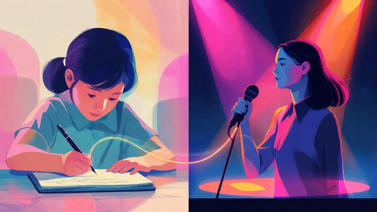 Conceptual art linking a quiet child to a confident artist via a musical thread.