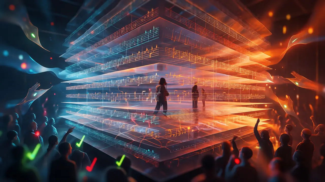 Conceptual art showing a singer surrounded by layered sound waves representing nightly performances