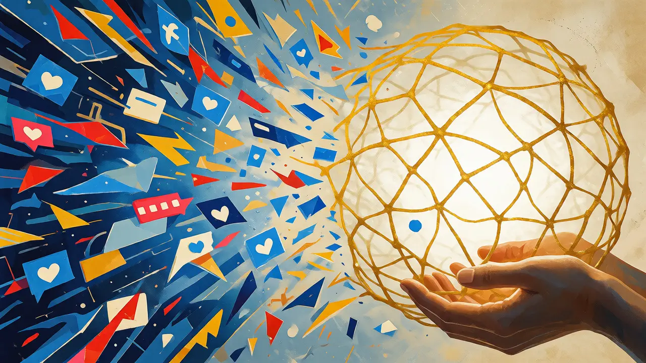 Conceptual art showing social media fragments transforming into a connected fan network