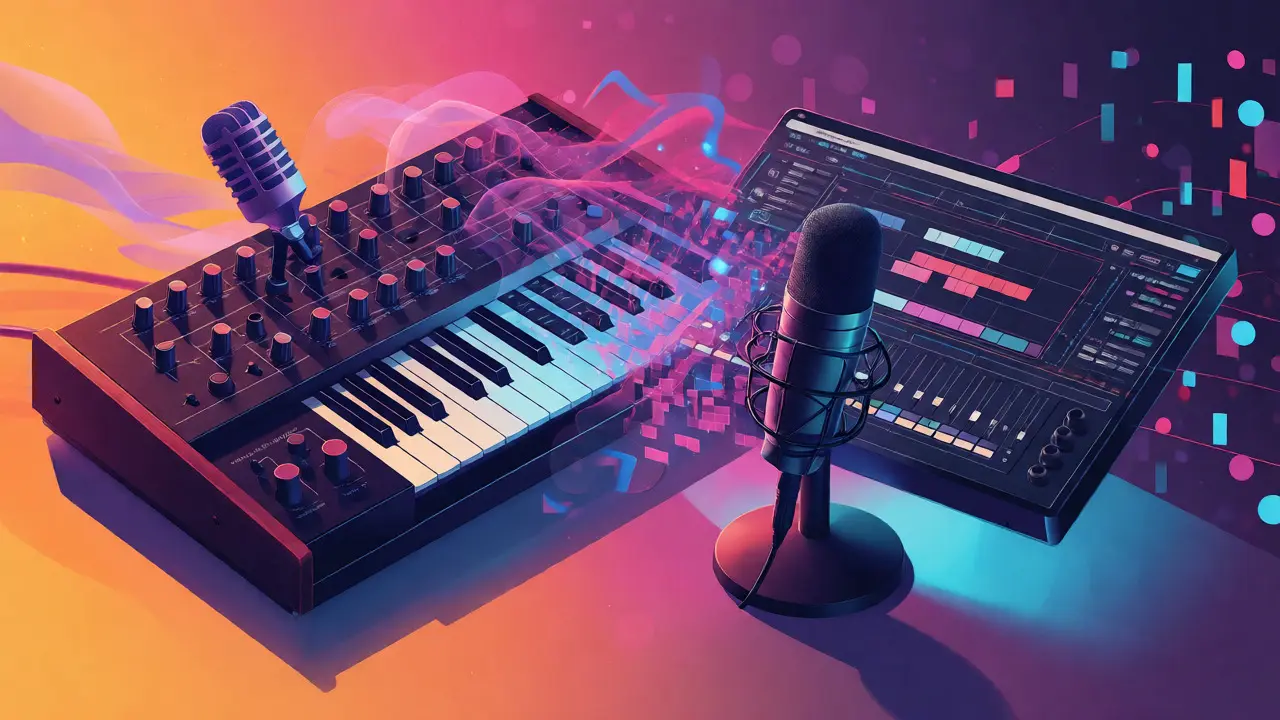 Conceptual art showing vintage synths merging with modern digital audio elements