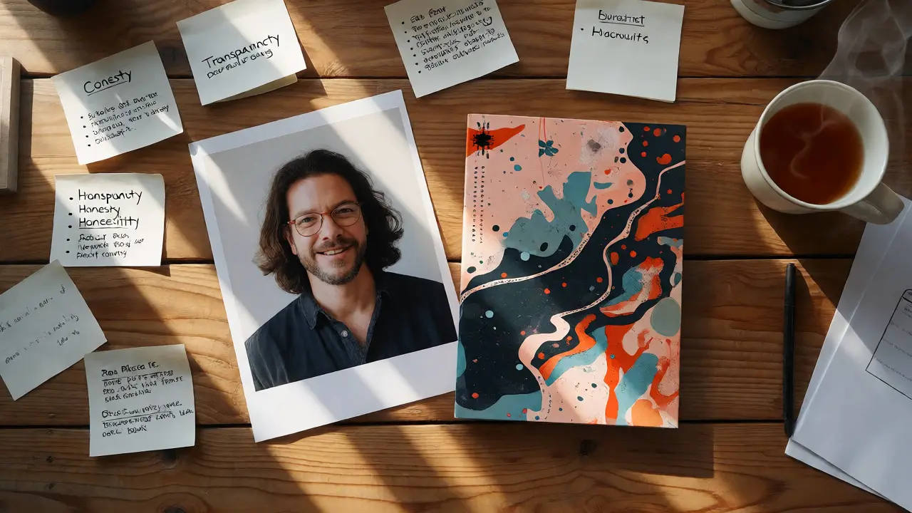 Creative workspace comparing cover art options and brand value notes