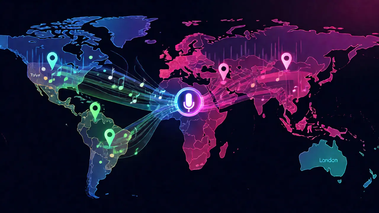 Digital illustration of global music connections via glowing sound waves.