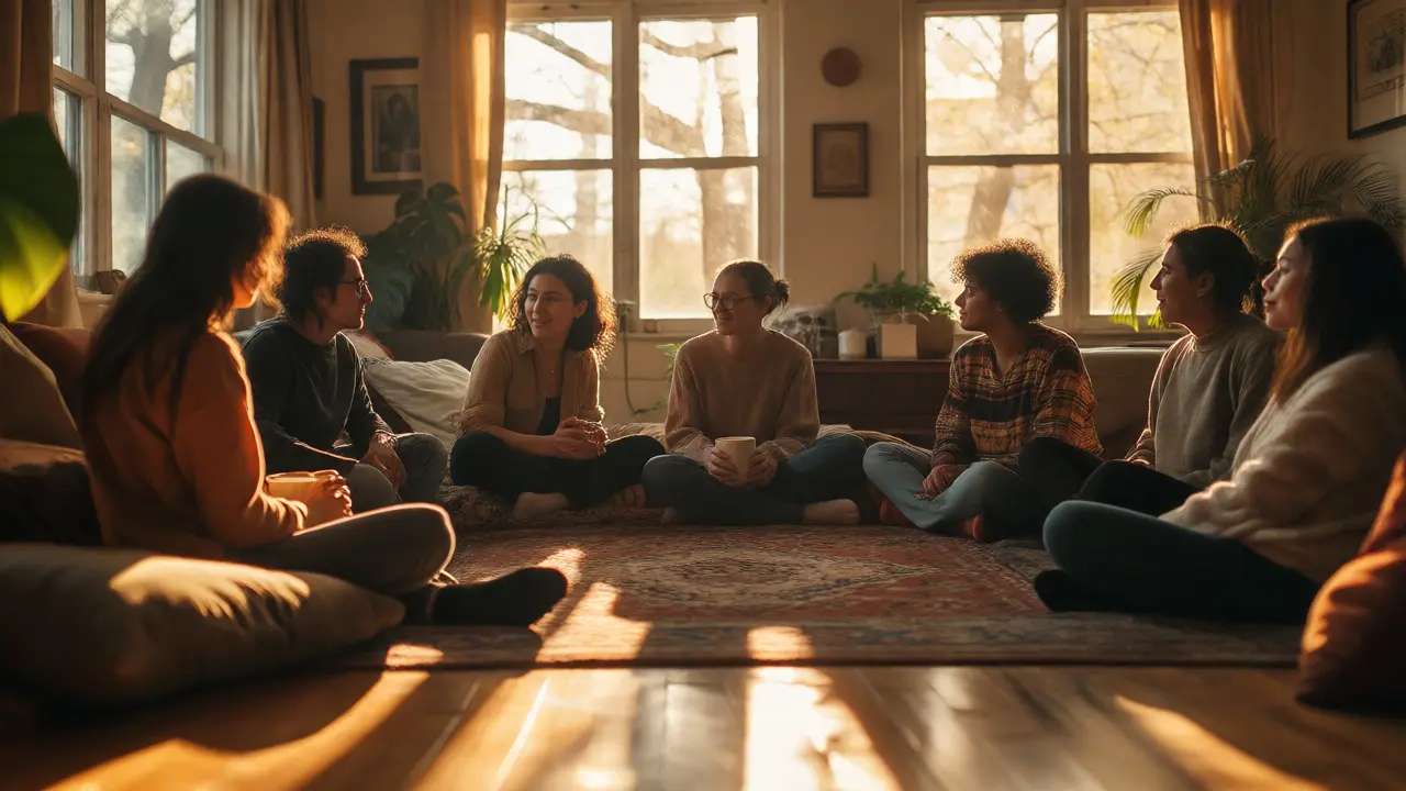 Diverse group sharing stories in a warm sunlit living room