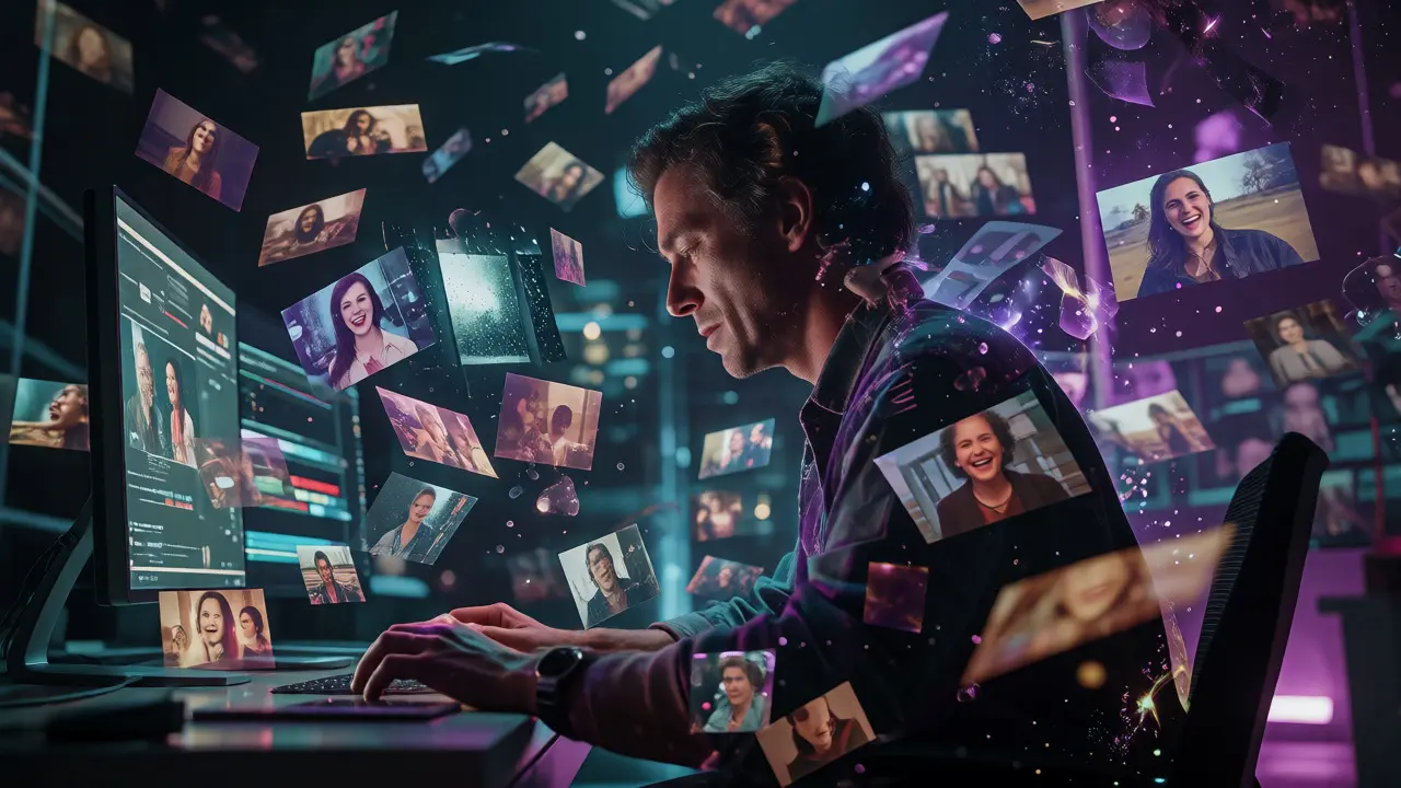 Editor surrounded by floating holographic memory fragments in a studio.