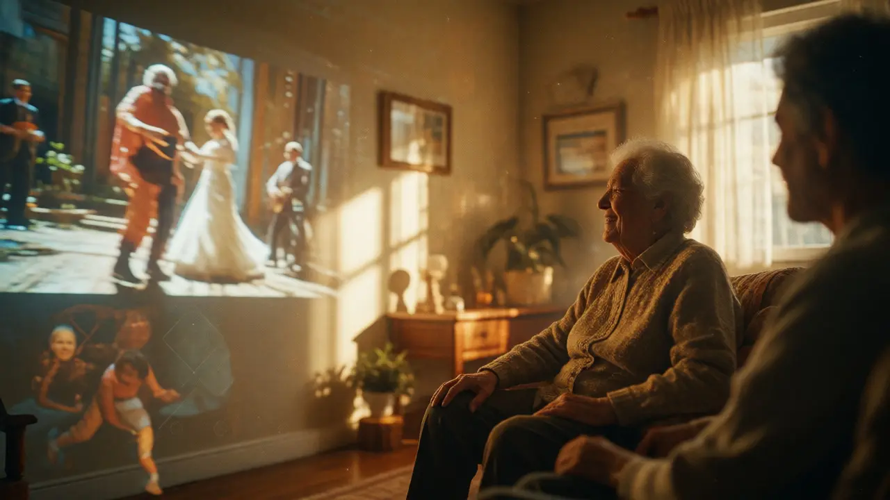 Elderly person and relative watching an emotional memory projection.