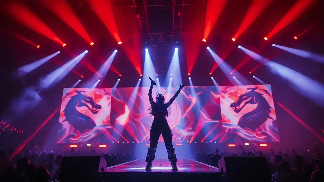 Fearless performer commanding a festival stage with vibrant lighting and energy.