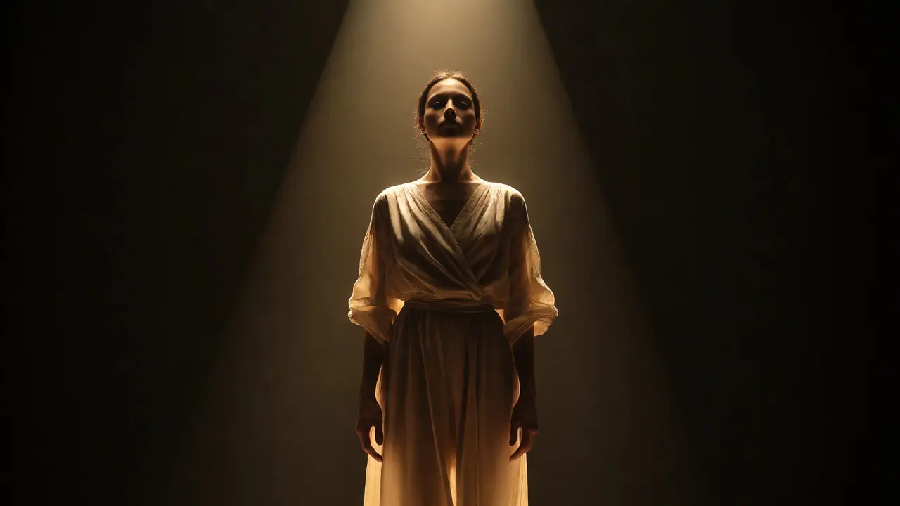 Female performer in flowing neutral clothes standing still under a spotlight against a black background.