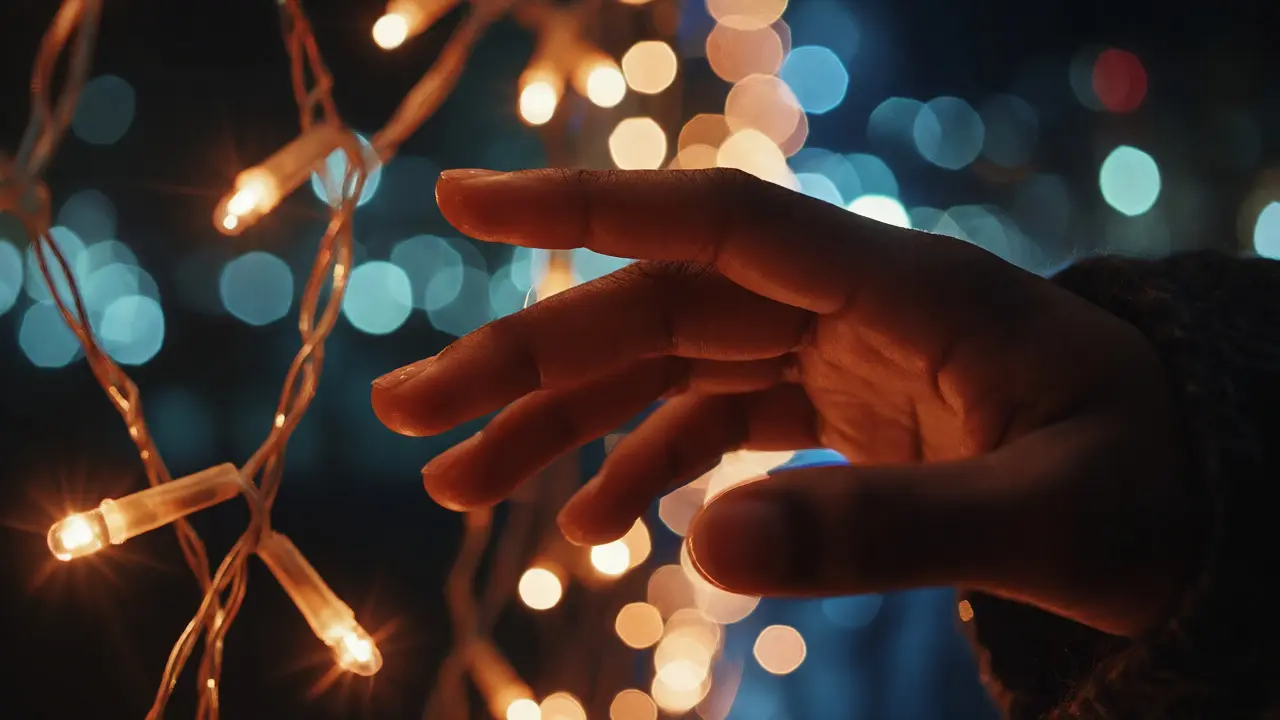 Hand reaching toward warm fairy lights against a cool bokeh background