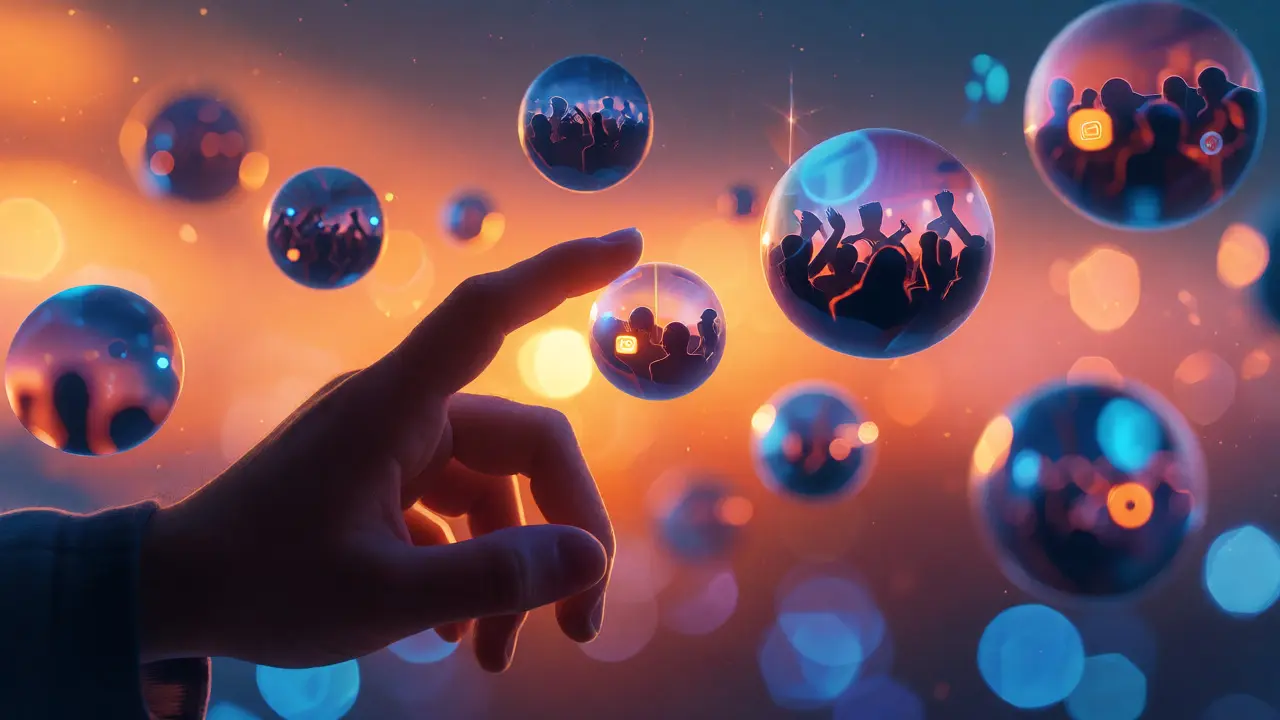 Hand touching floating spheres representing playlists and fan communities.