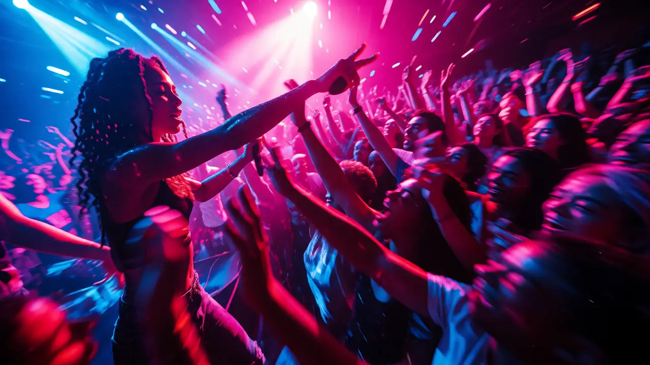 High-energy R&amp;B concert peak with dancing crowd and bright lights
