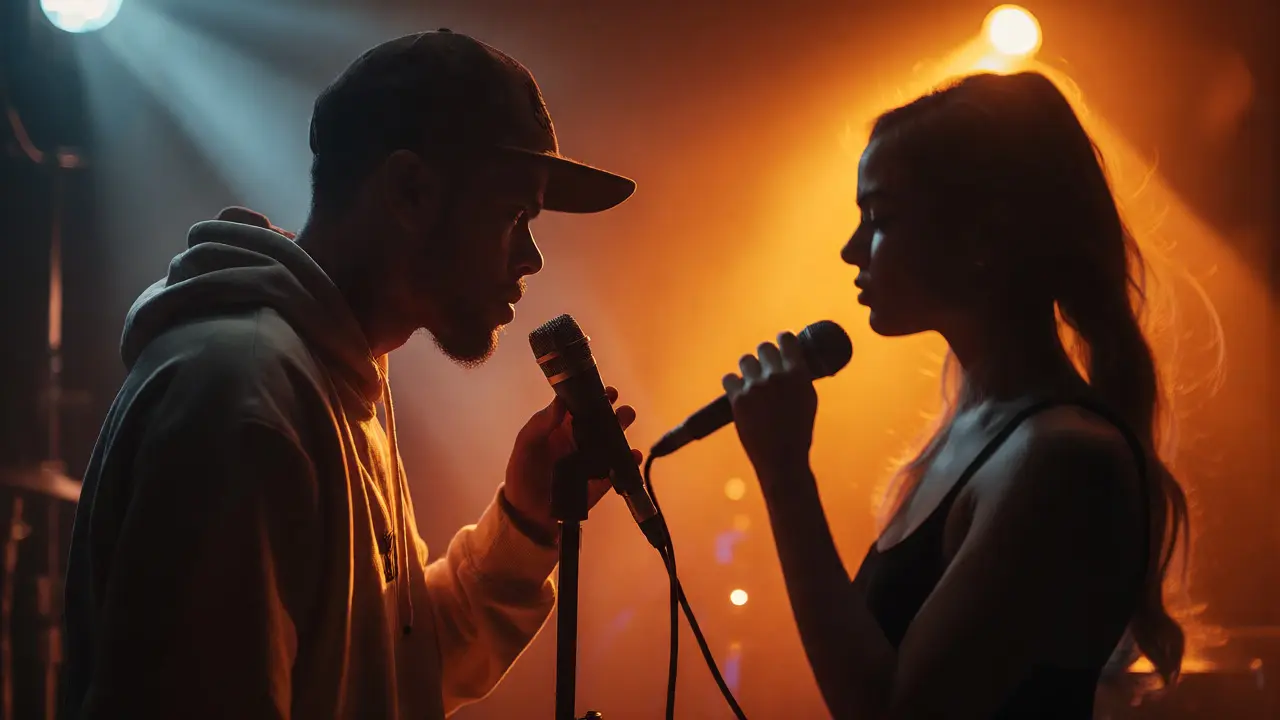 Intimate studio scene contrasting a rapper's intensity with an R&amp;B singer's warmth.