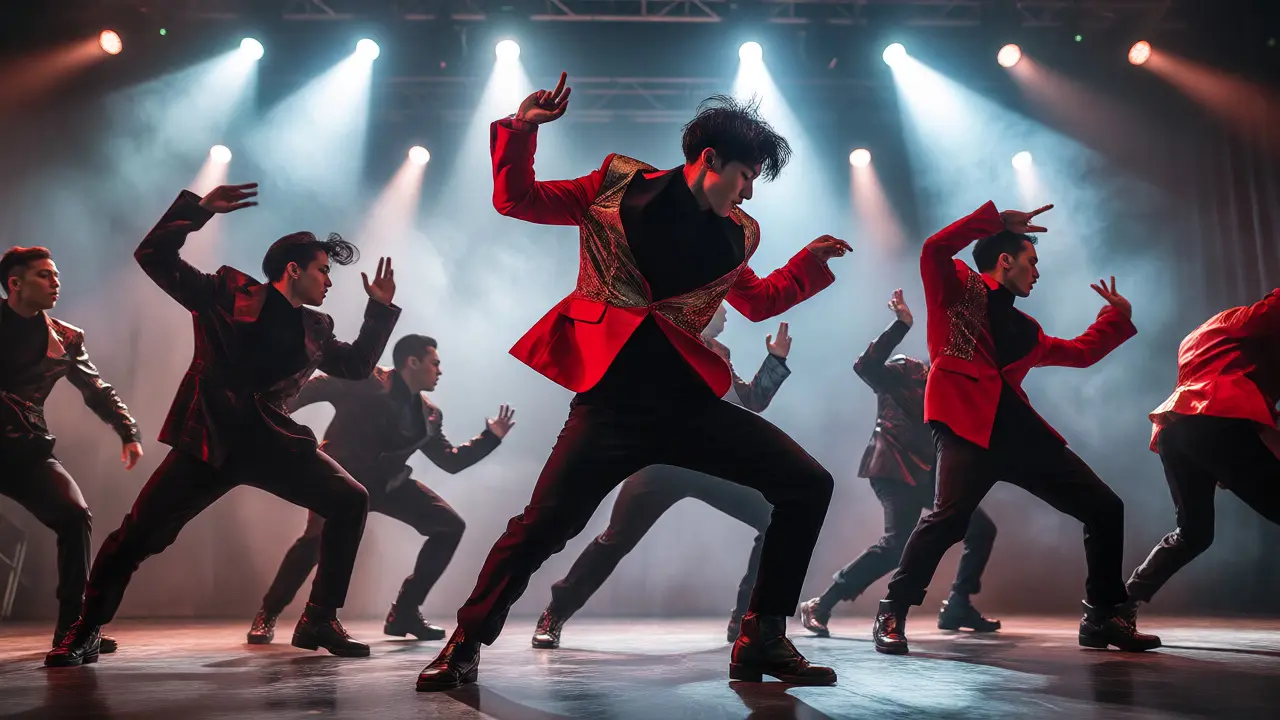 Lead dancer in structured blazer performing counter-movement choreography with backup dancers.