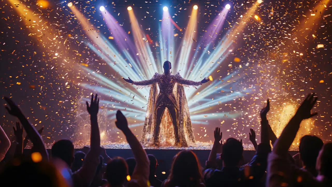 Performer in sequined metallic outfit receiving a standing ovation at the show's climax.