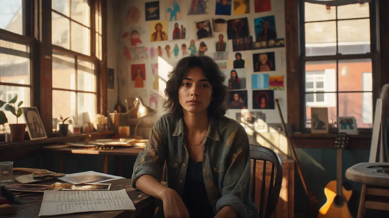Portrait of a female artist at a cluttered desk, surrounded by photos and lyrics in warm sunlight.