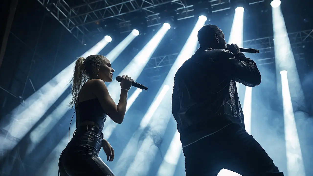 Side view of Alli Starr and Will Smith performing together with dynamic stage lighting.