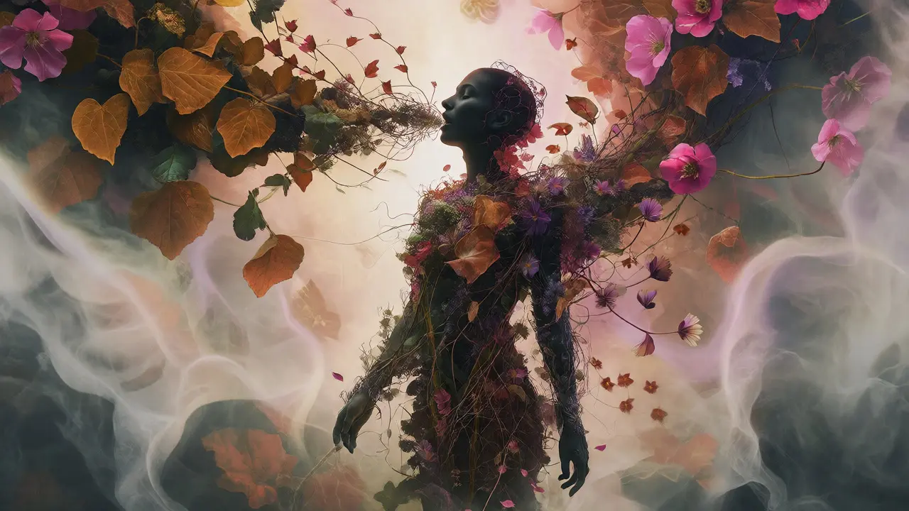 Silhouette made of flowers and roots representing life and death