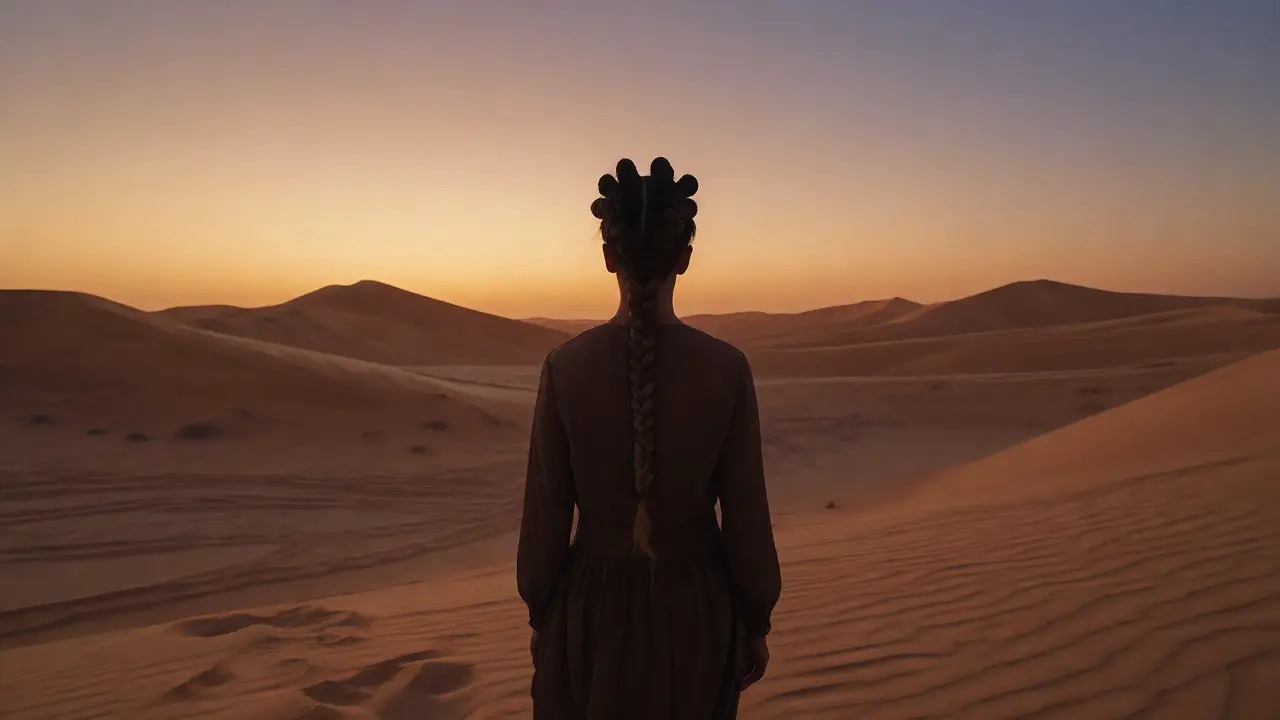 Silhouette of a woman with braids standing alone in vast desert dunes at twilight.