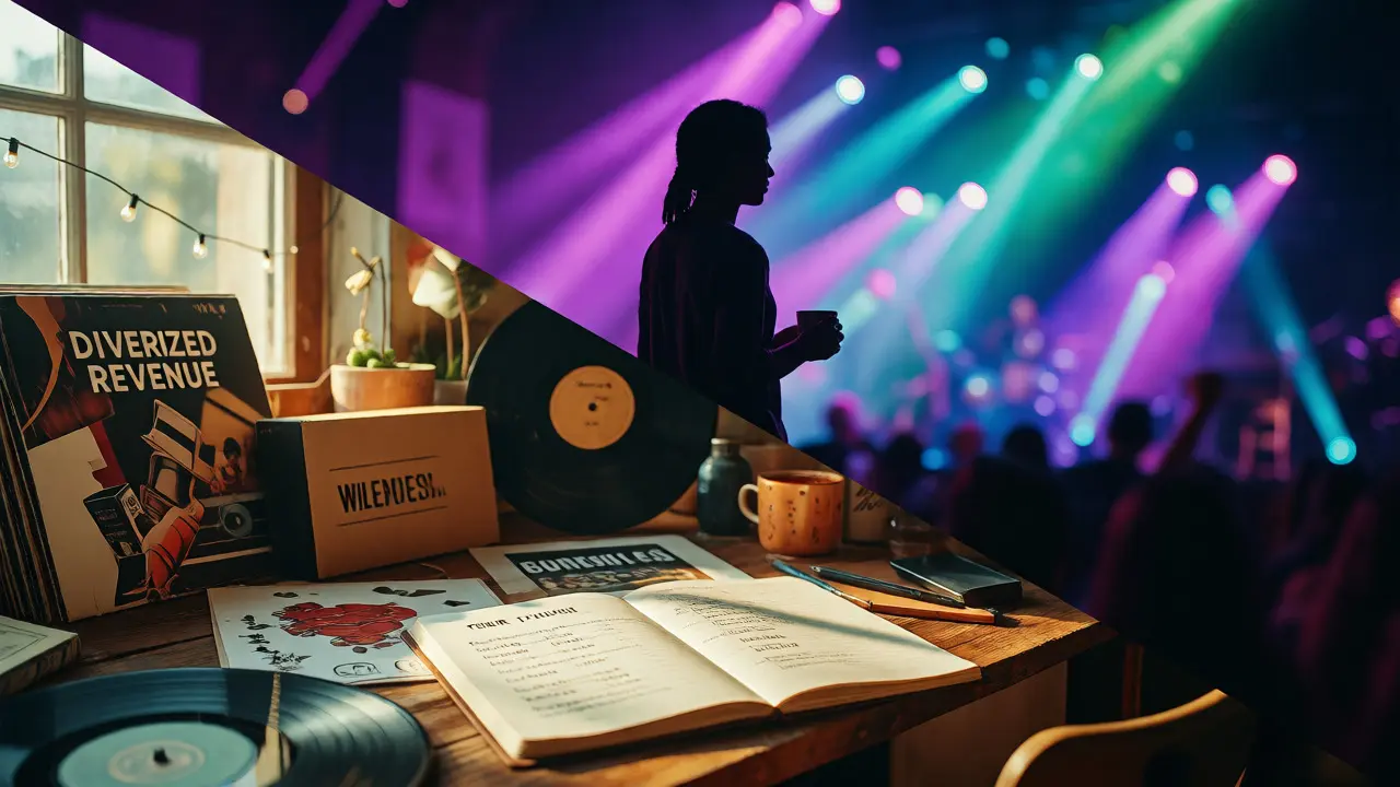 Split scene contrasting calm business planning with energetic live performance