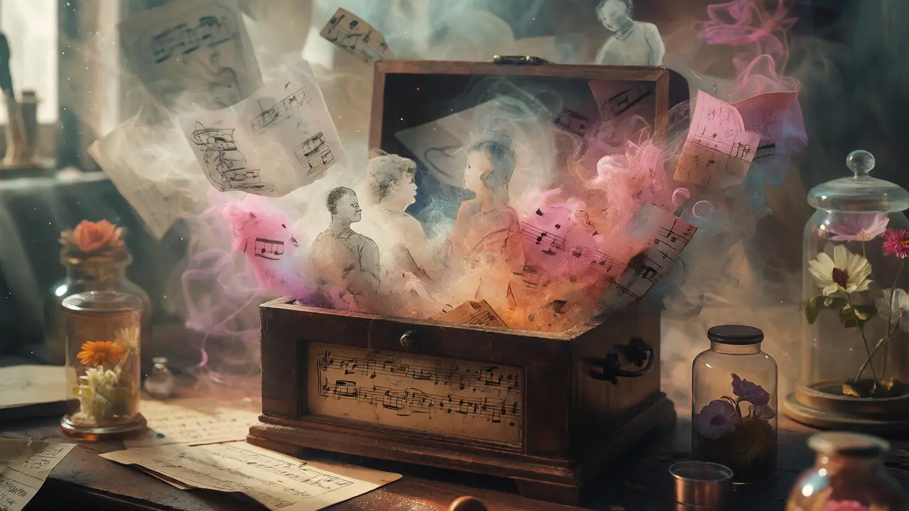 Surreal still life of a memory chest with preserved flowers and artistic fragments in soft light.