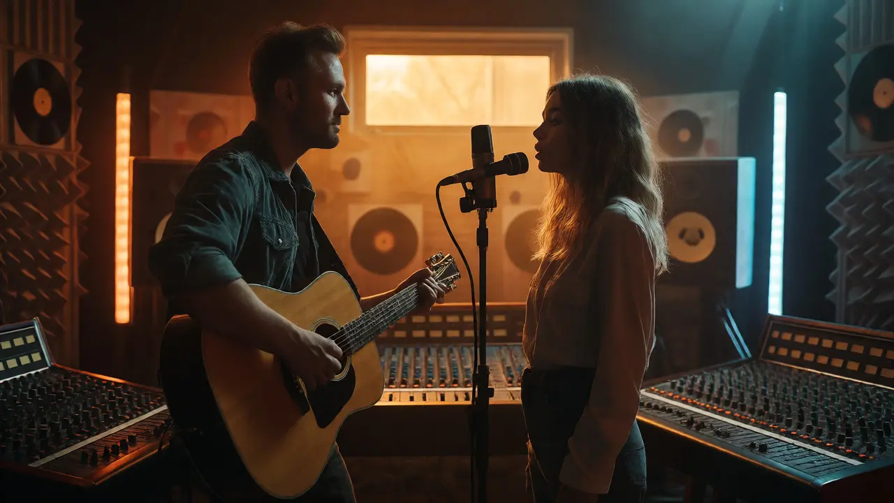 Two musicians collaborating in a dimly lit recording studio with acoustic instruments