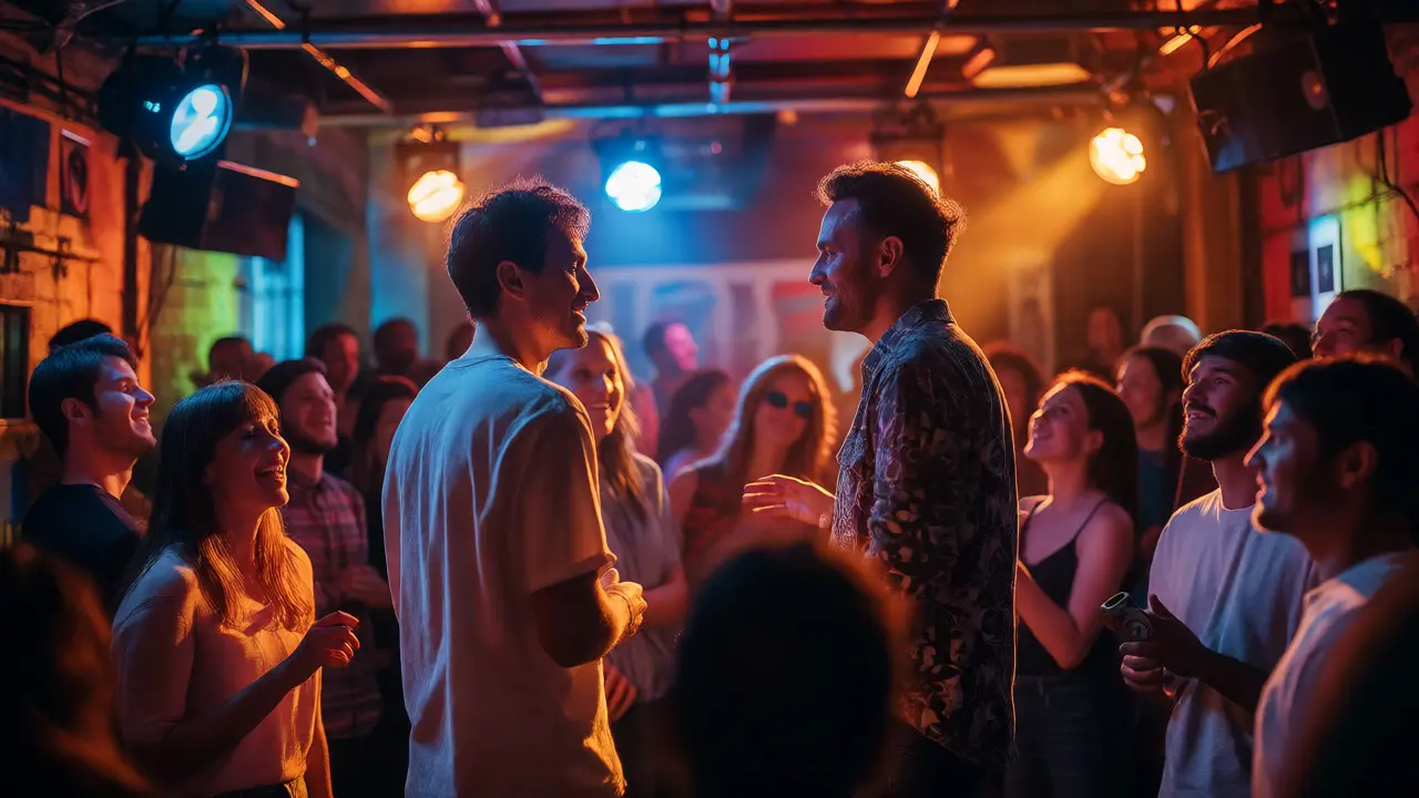 Two performers engaging with an enthusiastic crowd at an intimate live show.