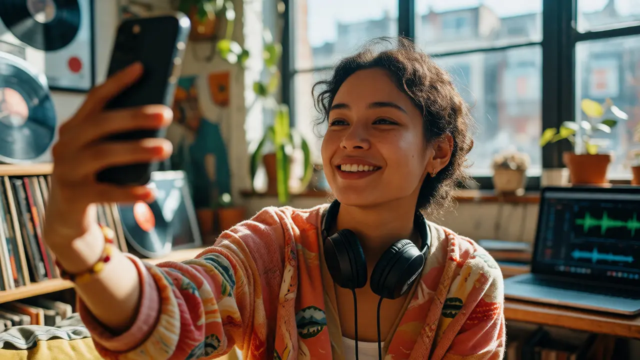 Woman in sunny apartment creating social media content